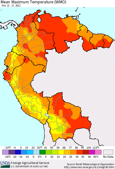 Northern South America Maximum Temperature (WMO) Thematic Map For 2/21/2022 - 2/27/2022