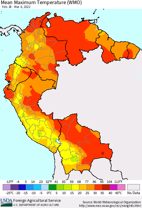 Northern South America Maximum Temperature (WMO) Thematic Map For 2/28/2022 - 3/6/2022