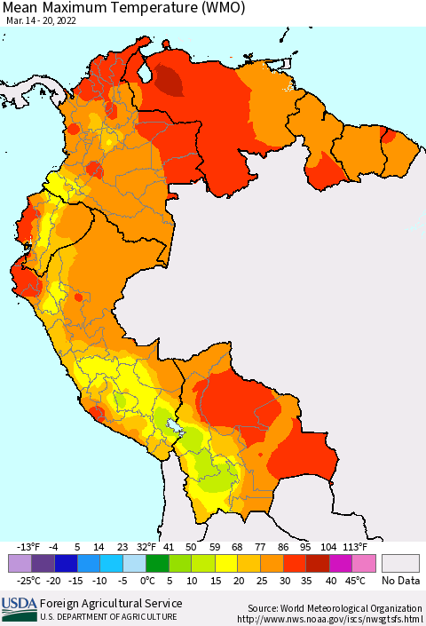 Northern South America Maximum Temperature (WMO) Thematic Map For 3/14/2022 - 3/20/2022