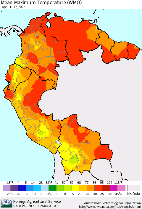 Northern South America Maximum Temperature (WMO) Thematic Map For 4/11/2022 - 4/17/2022