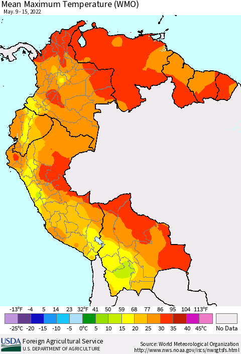 Northern South America Maximum Temperature (WMO) Thematic Map For 5/9/2022 - 5/15/2022