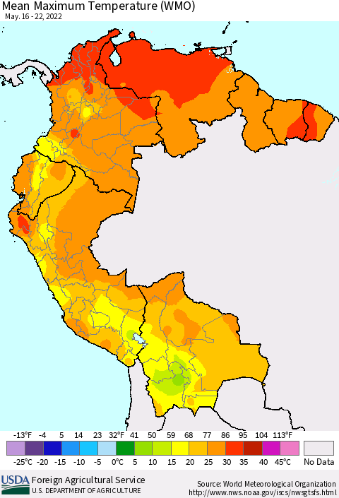 Northern South America Maximum Temperature (WMO) Thematic Map For 5/16/2022 - 5/22/2022
