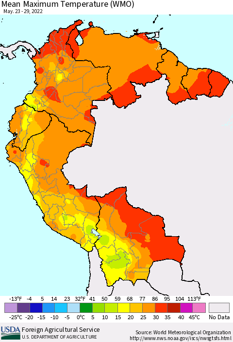 Northern South America Maximum Temperature (WMO) Thematic Map For 5/23/2022 - 5/29/2022