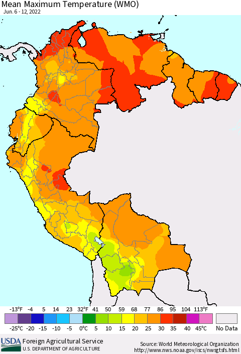 Northern South America Maximum Temperature (WMO) Thematic Map For 6/6/2022 - 6/12/2022