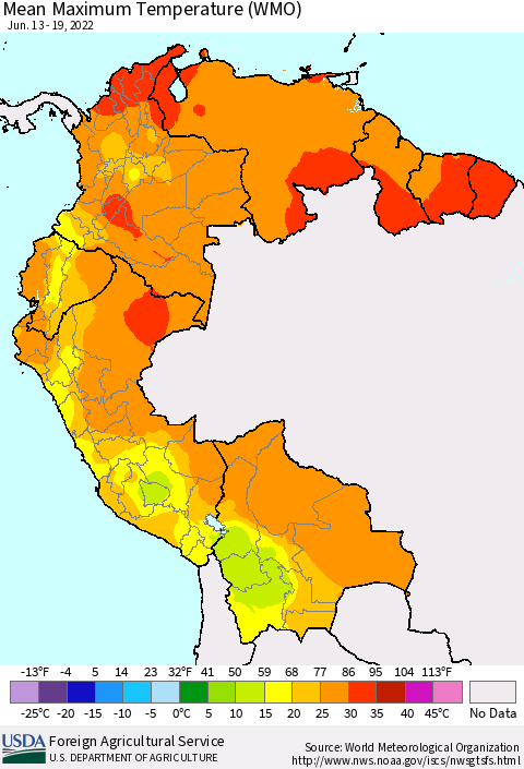 Northern South America Maximum Temperature (WMO) Thematic Map For 6/13/2022 - 6/19/2022