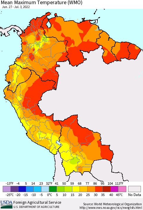 Northern South America Maximum Temperature (WMO) Thematic Map For 6/27/2022 - 7/3/2022