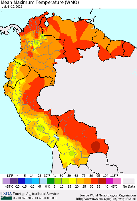 Northern South America Maximum Temperature (WMO) Thematic Map For 7/4/2022 - 7/10/2022
