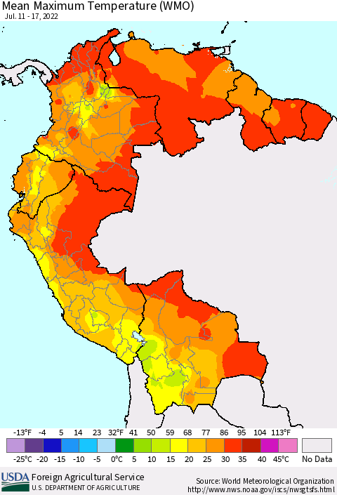 Northern South America Maximum Temperature (WMO) Thematic Map For 7/11/2022 - 7/17/2022