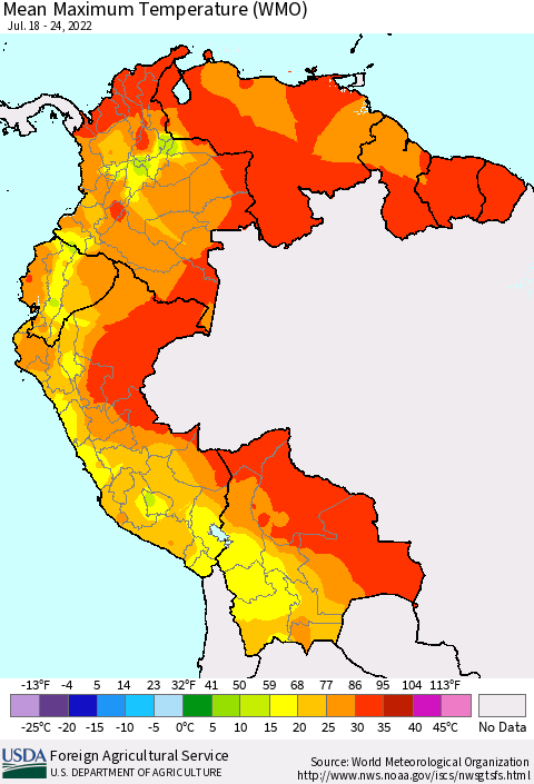 Northern South America Maximum Temperature (WMO) Thematic Map For 7/18/2022 - 7/24/2022