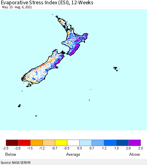 New Zealand Evaporative Stress Index (ESI), 12-Weeks Thematic Map For 8/2/2021 - 8/8/2021