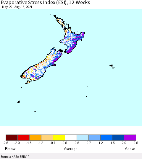 New Zealand Evaporative Stress Index (ESI), 12-Weeks Thematic Map For 8/9/2021 - 8/15/2021