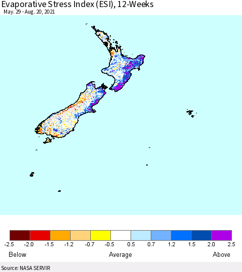 New Zealand Evaporative Stress Index (ESI), 12-Weeks Thematic Map For 8/16/2021 - 8/22/2021