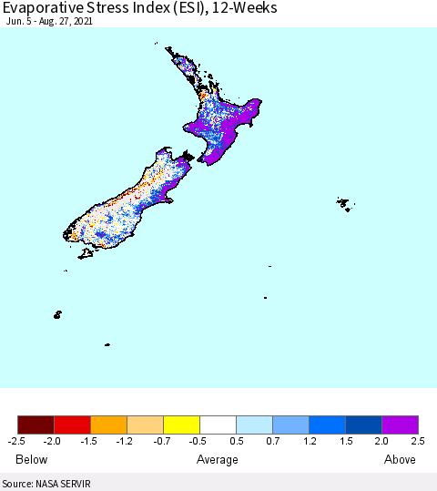New Zealand Evaporative Stress Index (ESI), 12-Weeks Thematic Map For 8/23/2021 - 8/29/2021