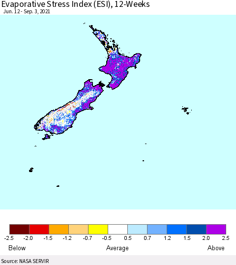 New Zealand Evaporative Stress Index (ESI), 12-Weeks Thematic Map For 8/30/2021 - 9/5/2021