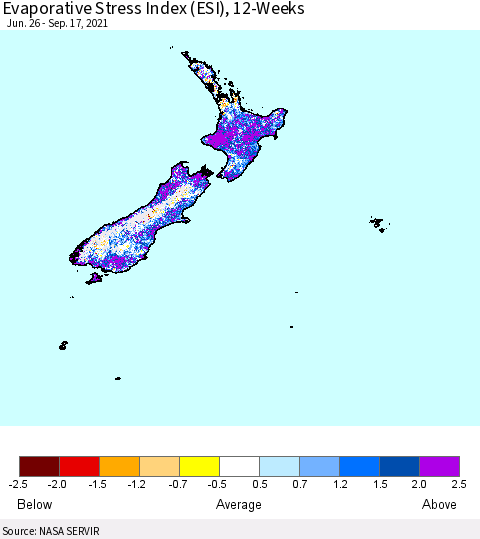 New Zealand Evaporative Stress Index (ESI), 12-Weeks Thematic Map For 9/13/2021 - 9/19/2021