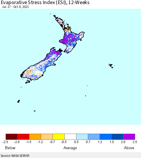 New Zealand Evaporative Stress Index (ESI), 12-Weeks Thematic Map For 10/4/2021 - 10/10/2021