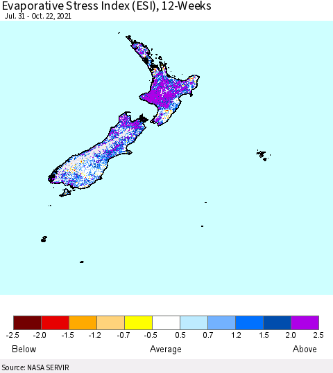 New Zealand Evaporative Stress Index (ESI), 12-Weeks Thematic Map For 10/18/2021 - 10/24/2021