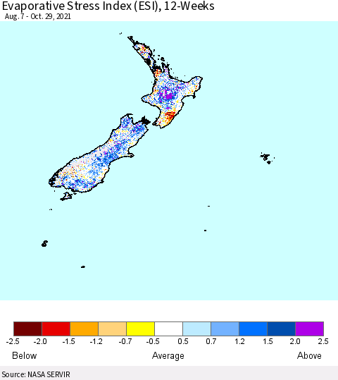 New Zealand Evaporative Stress Index (ESI), 12-Weeks Thematic Map For 10/25/2021 - 10/31/2021
