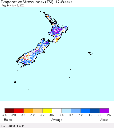 New Zealand Evaporative Stress Index (ESI), 12-Weeks Thematic Map For 11/1/2021 - 11/7/2021