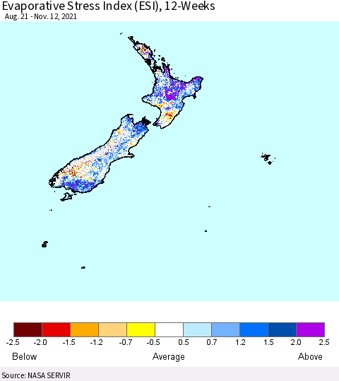 New Zealand Evaporative Stress Index (ESI), 12-Weeks Thematic Map For 11/8/2021 - 11/14/2021
