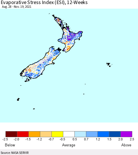 New Zealand Evaporative Stress Index (ESI), 12-Weeks Thematic Map For 11/15/2021 - 11/21/2021