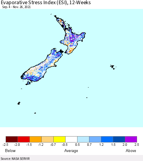 New Zealand Evaporative Stress Index (ESI), 12-Weeks Thematic Map For 11/22/2021 - 11/28/2021