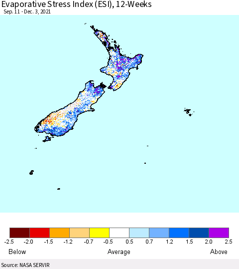 New Zealand Evaporative Stress Index (ESI), 12-Weeks Thematic Map For 11/29/2021 - 12/5/2021