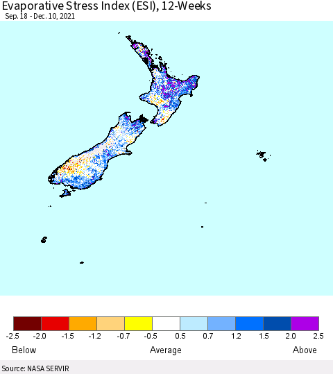 New Zealand Evaporative Stress Index (ESI), 12-Weeks Thematic Map For 12/6/2021 - 12/12/2021