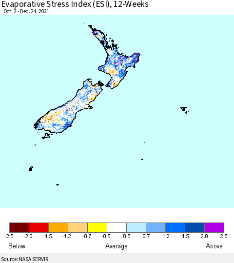 New Zealand Evaporative Stress Index (ESI), 12-Weeks Thematic Map For 12/20/2021 - 12/26/2021