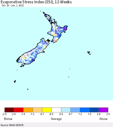 New Zealand Evaporative Stress Index (ESI), 12-Weeks Thematic Map For 12/27/2021 - 1/2/2022