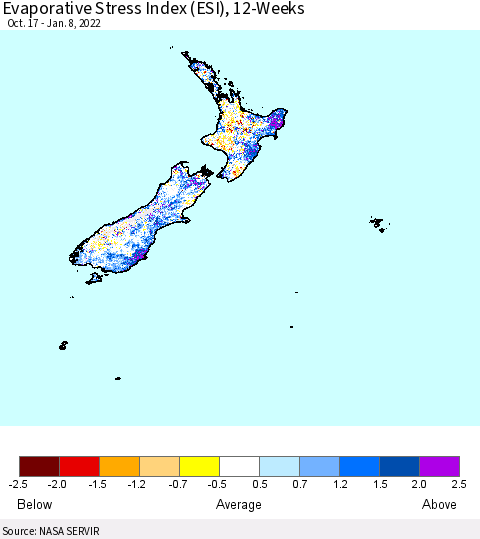 New Zealand Evaporative Stress Index (ESI), 12-Weeks Thematic Map For 1/3/2022 - 1/9/2022