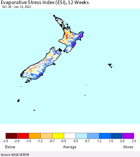 New Zealand Evaporative Stress Index (ESI), 12-Weeks Thematic Map For 1/10/2022 - 1/16/2022