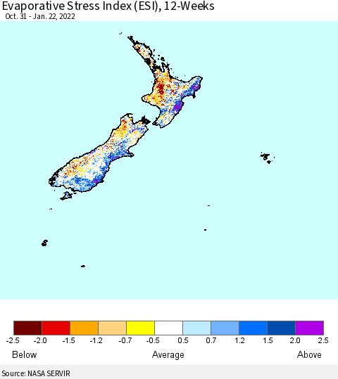 New Zealand Evaporative Stress Index (ESI), 12-Weeks Thematic Map For 1/17/2022 - 1/23/2022