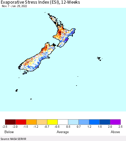 New Zealand Evaporative Stress Index (ESI), 12-Weeks Thematic Map For 1/24/2022 - 1/30/2022