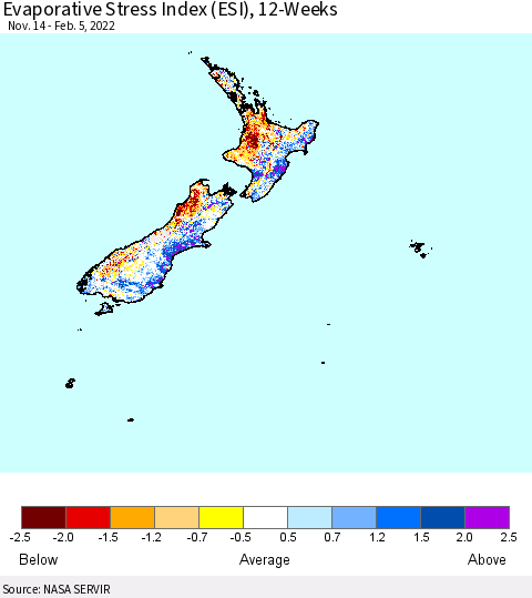 New Zealand Evaporative Stress Index (ESI), 12-Weeks Thematic Map For 1/31/2022 - 2/6/2022