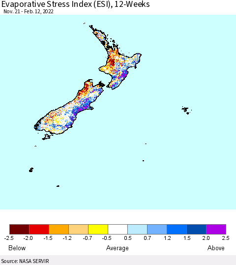 New Zealand Evaporative Stress Index (ESI), 12-Weeks Thematic Map For 2/7/2022 - 2/13/2022