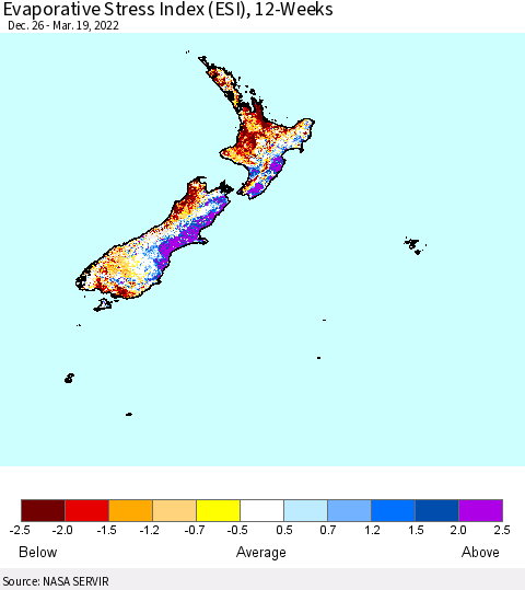 New Zealand Evaporative Stress Index (ESI), 12-Weeks Thematic Map For 3/14/2022 - 3/20/2022