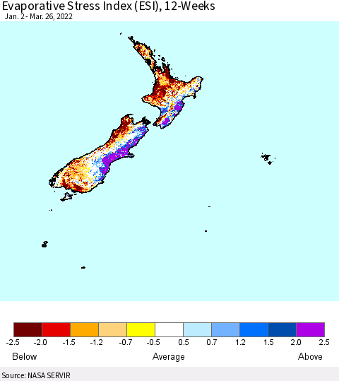 New Zealand Evaporative Stress Index (ESI), 12-Weeks Thematic Map For 3/21/2022 - 3/27/2022