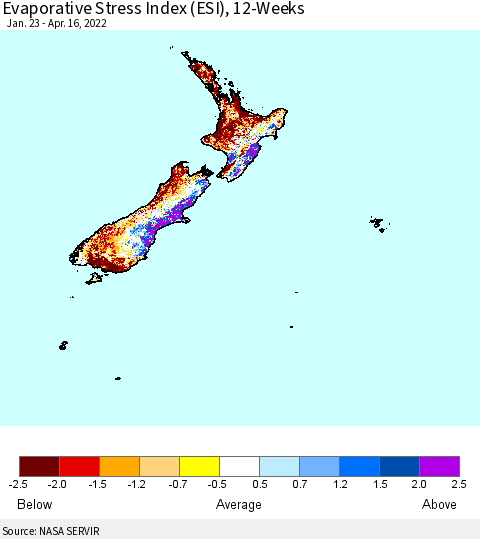 New Zealand Evaporative Stress Index (ESI), 12-Weeks Thematic Map For 4/11/2022 - 4/17/2022