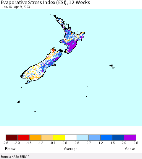 New Zealand Evaporative Stress Index (ESI), 12-Weeks Thematic Map For 4/3/2023 - 4/9/2023