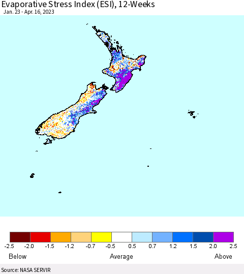 New Zealand Evaporative Stress Index (ESI), 12-Weeks Thematic Map For 4/10/2023 - 4/16/2023