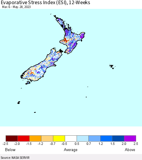 New Zealand Evaporative Stress Index (ESI), 12-Weeks Thematic Map For 5/22/2023 - 5/28/2023