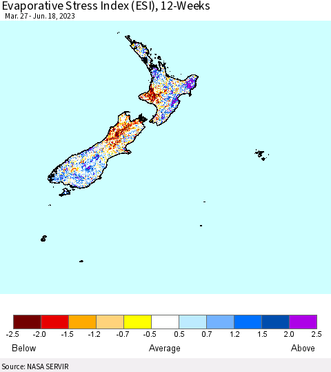 New Zealand Evaporative Stress Index (ESI), 12-Weeks Thematic Map For 6/12/2023 - 6/18/2023