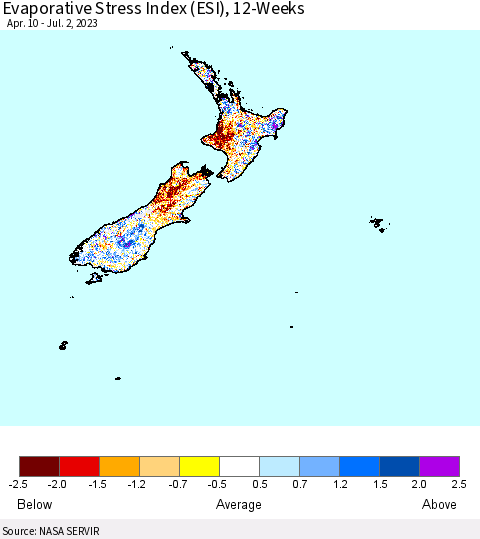 New Zealand Evaporative Stress Index (ESI), 12-Weeks Thematic Map For 6/26/2023 - 7/2/2023