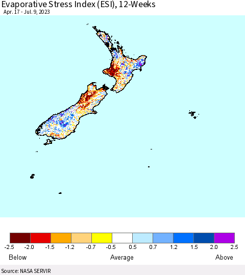 New Zealand Evaporative Stress Index (ESI), 12-Weeks Thematic Map For 7/3/2023 - 7/9/2023