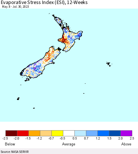 New Zealand Evaporative Stress Index (ESI), 12-Weeks Thematic Map For 7/24/2023 - 7/30/2023