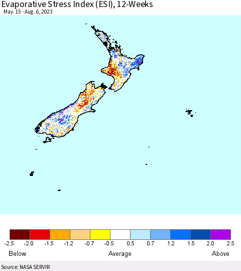 New Zealand Evaporative Stress Index (ESI), 12-Weeks Thematic Map For 7/31/2023 - 8/6/2023