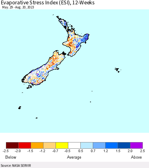 New Zealand Evaporative Stress Index (ESI), 12-Weeks Thematic Map For 8/14/2023 - 8/20/2023
