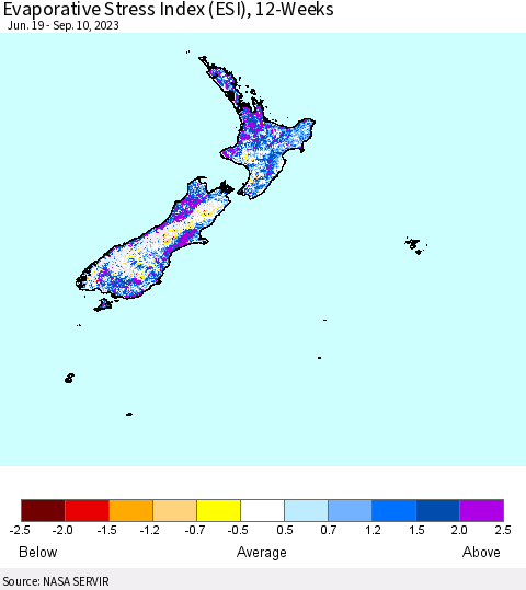 New Zealand Evaporative Stress Index (ESI), 12-Weeks Thematic Map For 9/4/2023 - 9/10/2023