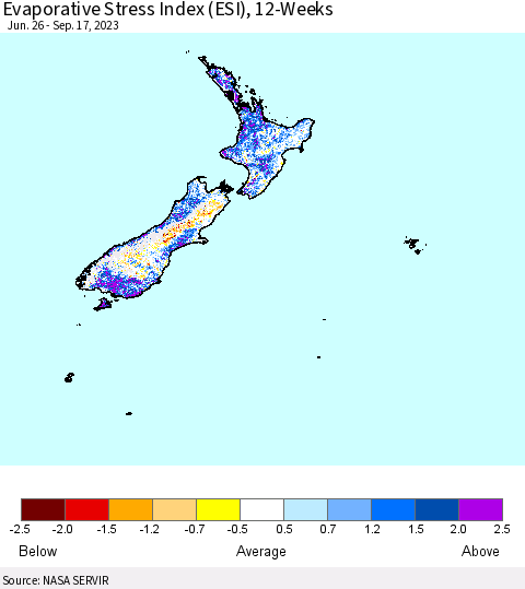 New Zealand Evaporative Stress Index (ESI), 12-Weeks Thematic Map For 9/11/2023 - 9/17/2023